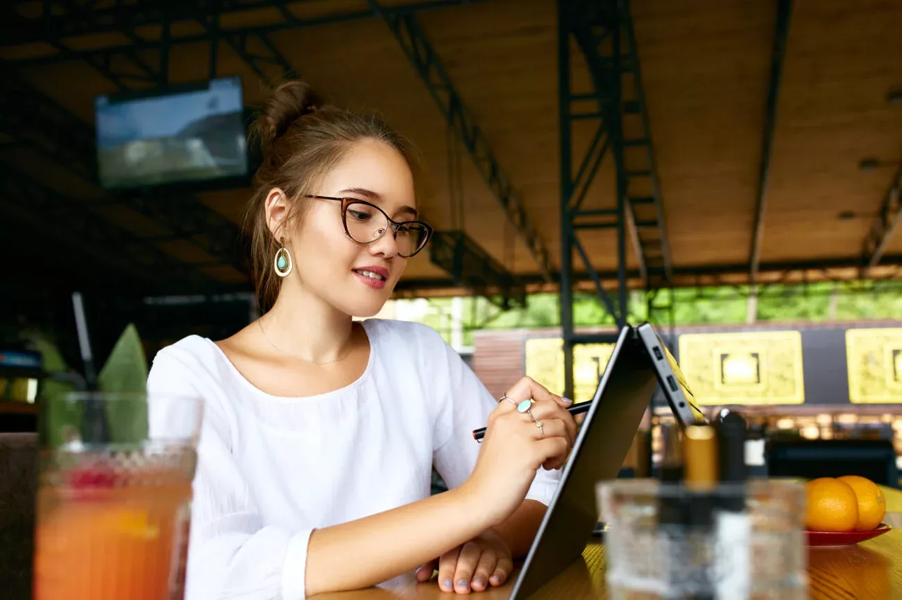 Woman works from public place